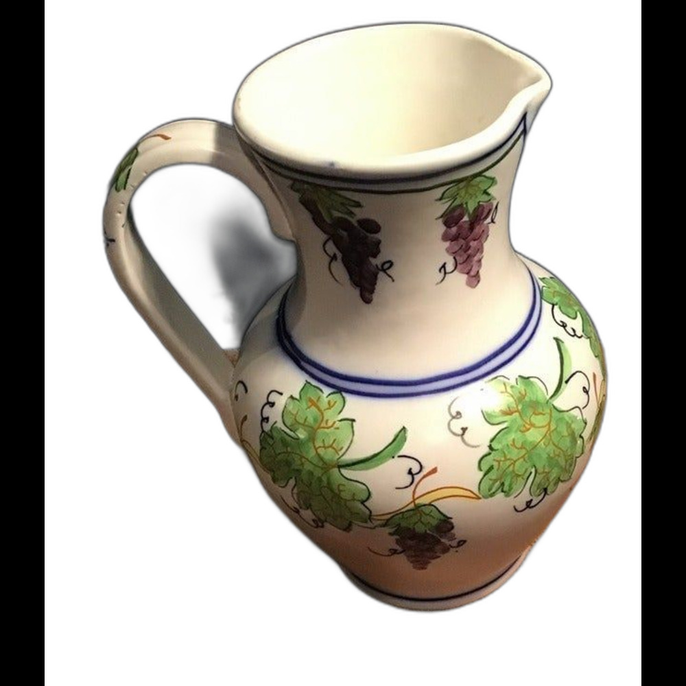 Large 9.5" Vintage Hand Painted Ceramic Grapevine Pitcher Vase As-Is Floral